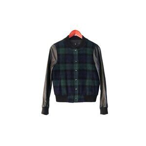 Joe's Jeans Women's Small Black Green Varsity Jacket Plaid Leather Moto Bomber